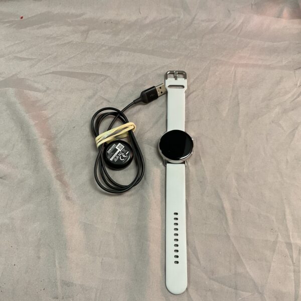 Front view of a Samsung smart watch with a silicone strap.