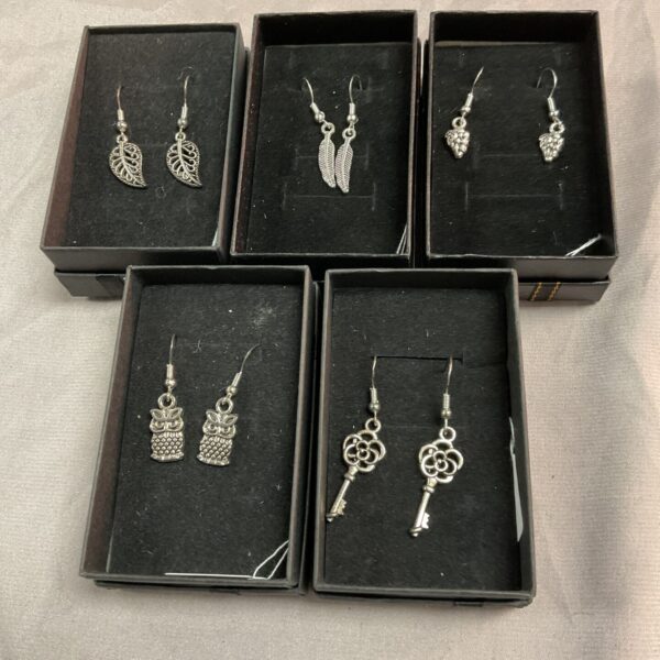 Five pairs of silver earrings displayed in presentation boxes.