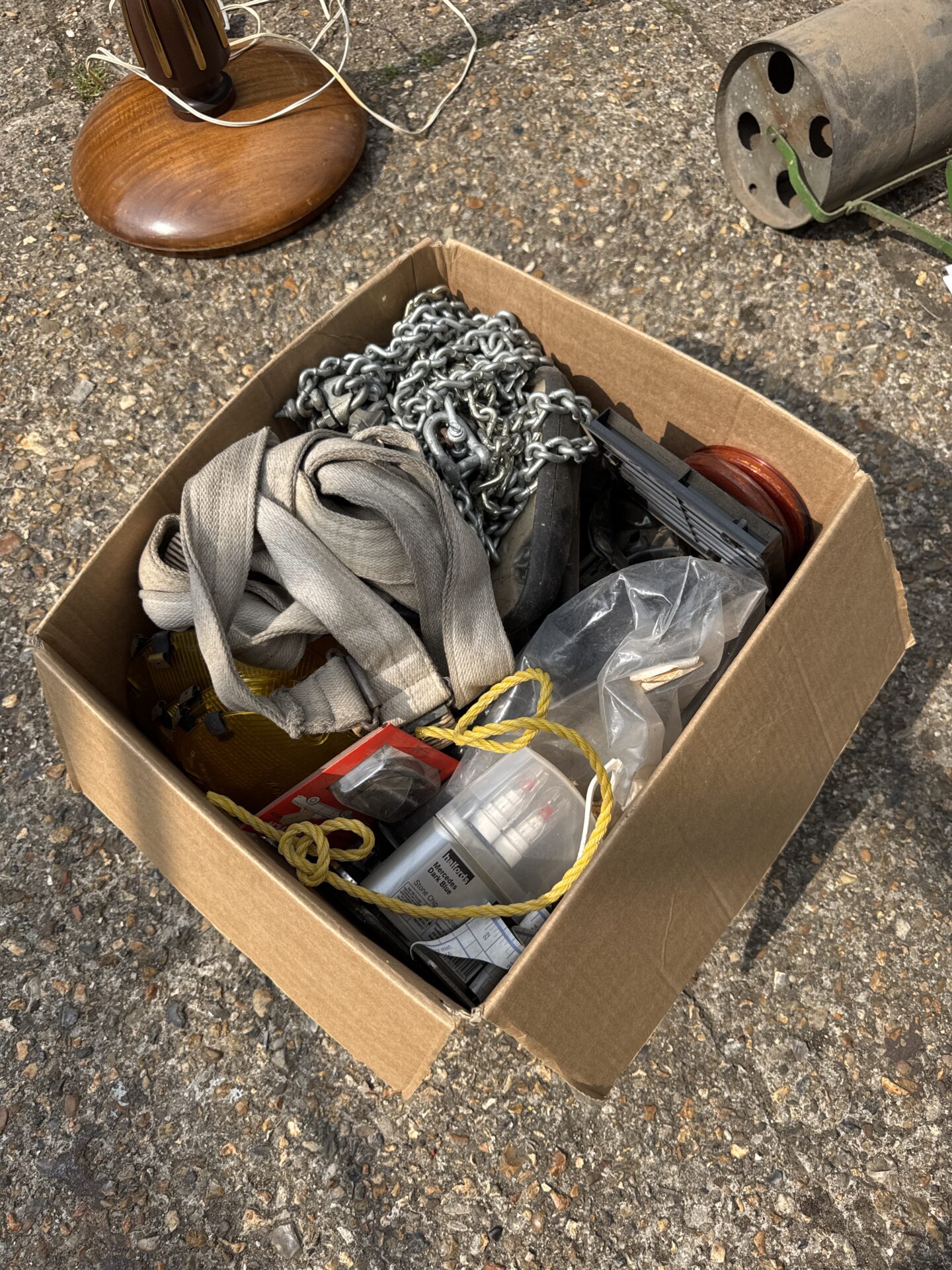 871 Box of mostly motoring related shed clearance items inc tow chain & others