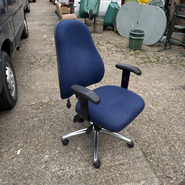 Blue reclining office chair with adjustable arms and five-star base.
