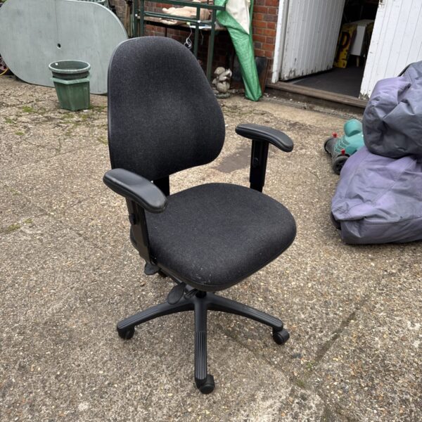 Front view of a black reclining office chair.