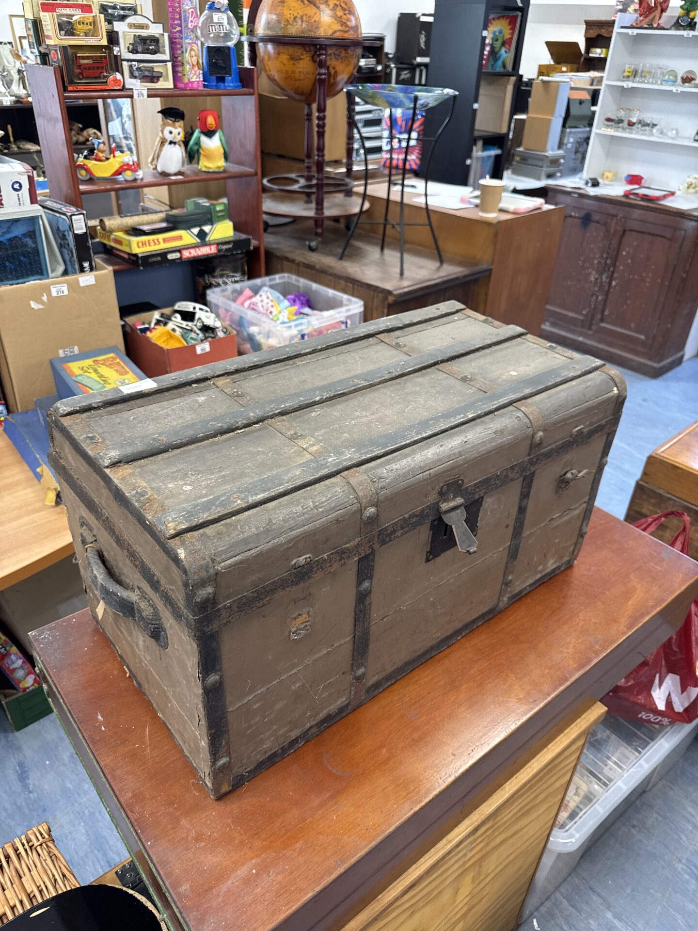 376 Vintage iron banded wooden storage chest 26” length