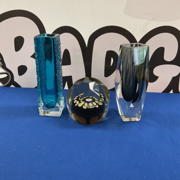 Textured blue Whitefriars art glass vase, mid century modern style.