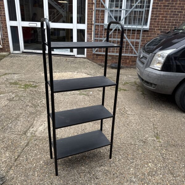 Vintage four-tier shelving unit with wooden shelves for storage and display.