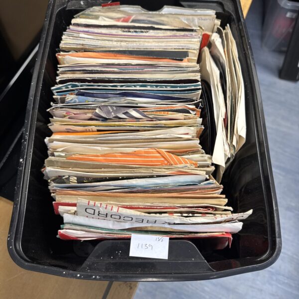 Assorted 7 inch vinyl records in a plastic container.