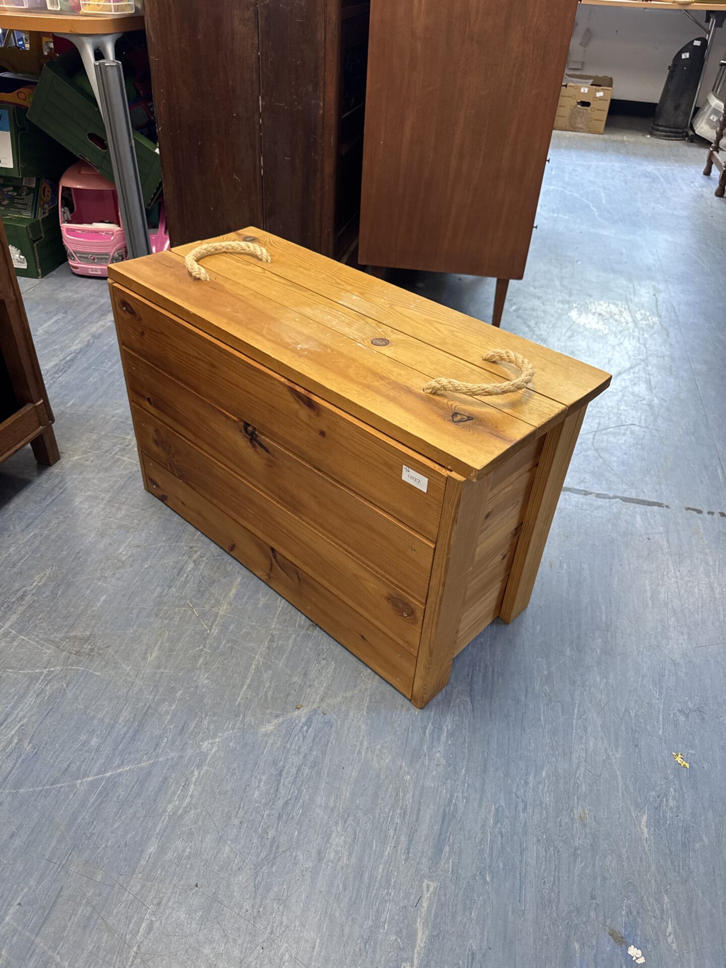 433 Pine storage chest with rope handles 29” length approx