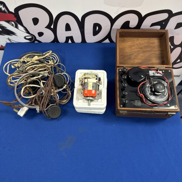 Vintage capacitance bridge components with wooden case.