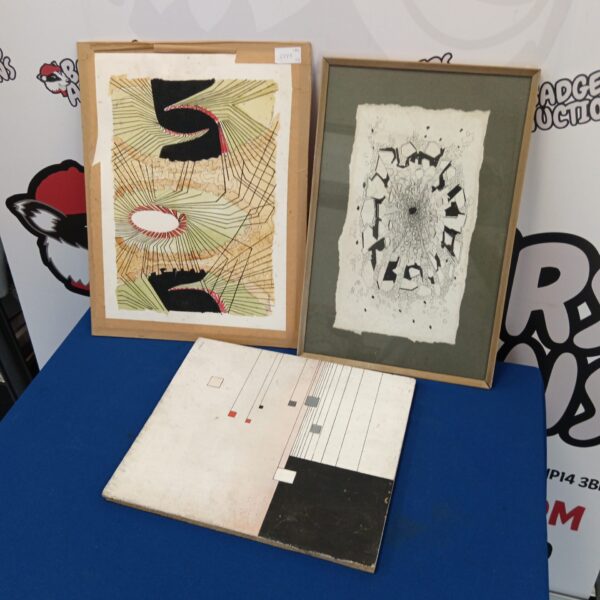 Collection of three surrealist artworks with abstract designs.