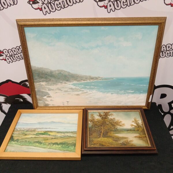 Framed watercolour painting by John Houston of a coastal scene.