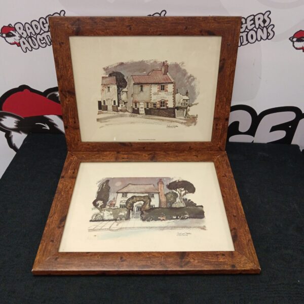Pair of framed Graham Clarke cottage prints for vintage farmhouse decor.