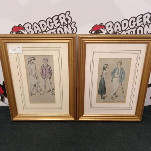 Pair of vintage Lewis Baumer romantic portraits printed in 1915.