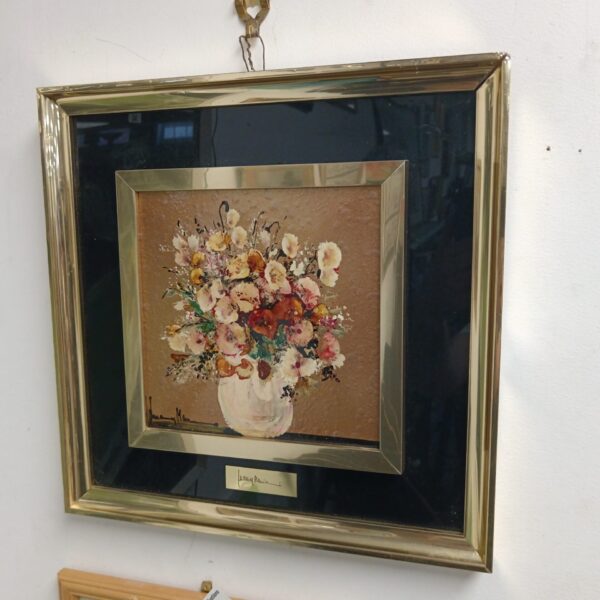 Signed continental floral still life painting with flowers in a vase.
