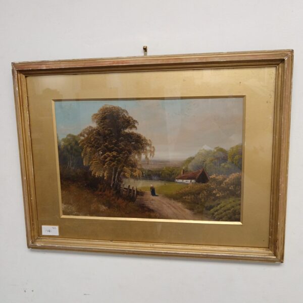 Antique oil painting of a rural scene with a cottage and figure.