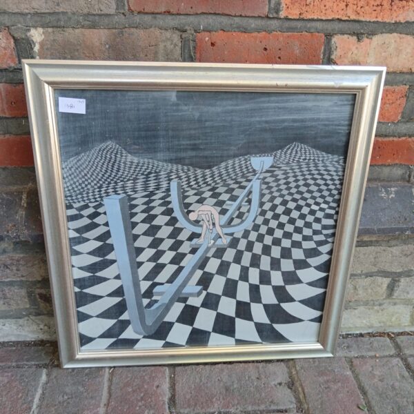 Surrealist oil painting of a man in an optical illusion landscape.