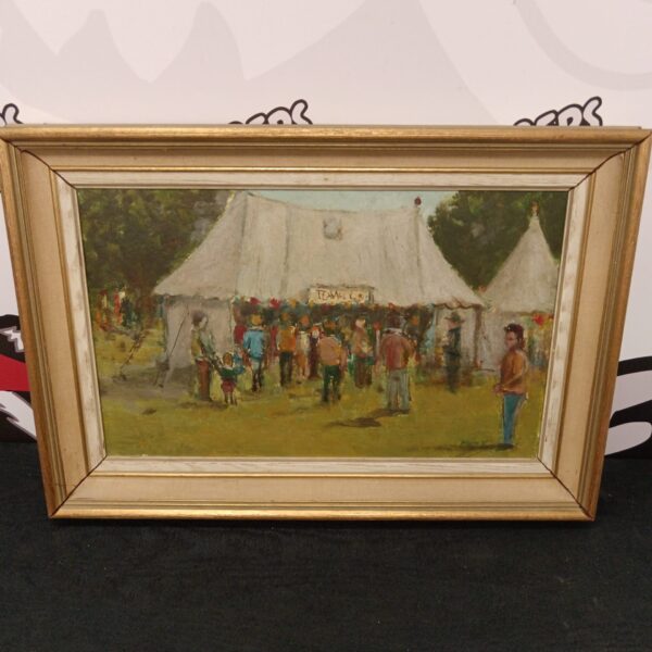 Vintage oil painting of a bustling fete scene signed A. Thomas.