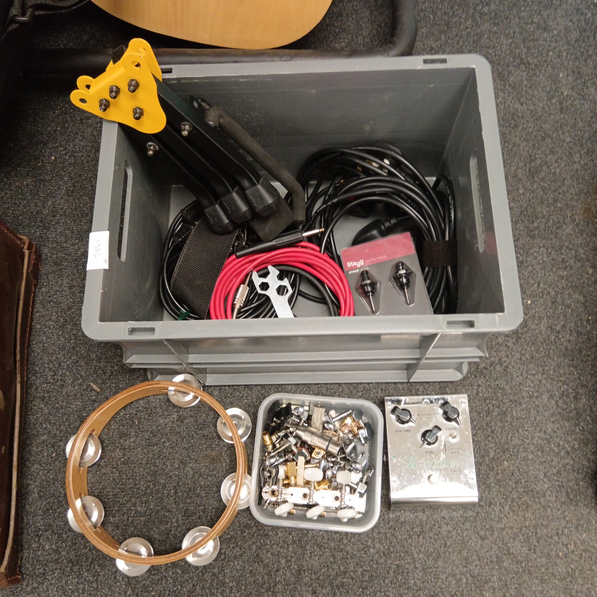666 Box of music items including tambourine & x-drive od-8 guitar pedal