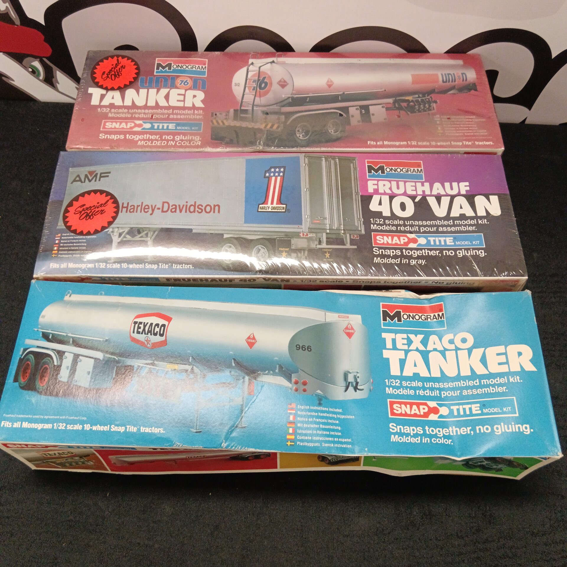 804 Three new monogram Texaco & union tankers with Harley Davidson truck