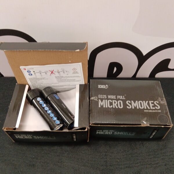 Two unopened boxes of EG25 Wire Pull Micro Smokes for tactical use.