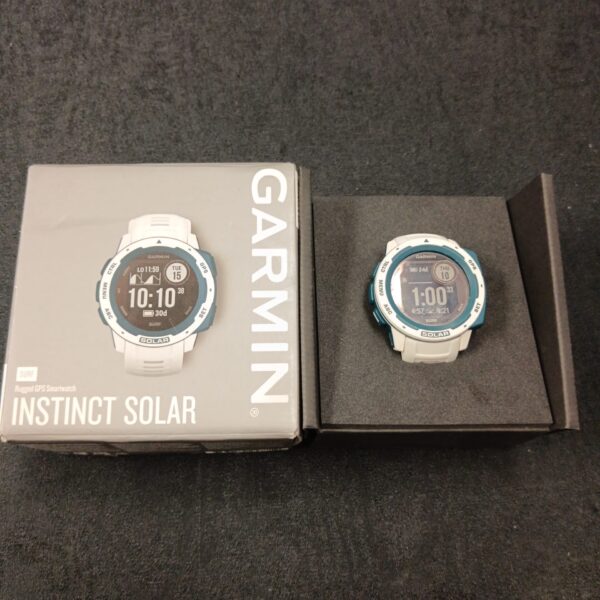 Garmin Instinct Solar watch, a rugged outdoor timepiece.
