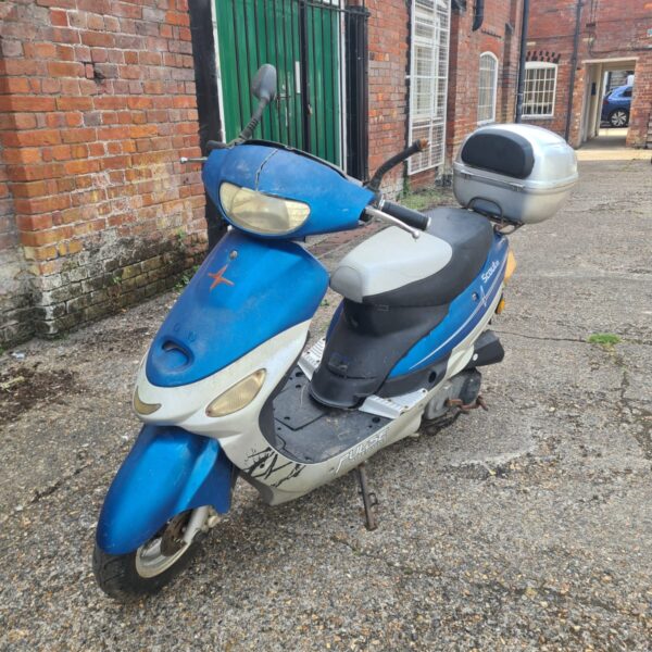 Blue and silver Lexmoto Pulse 50cc scooter side view.