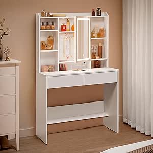 Close-up of white vanity table with mirror and cosmetic storage.
