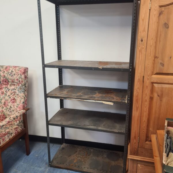 Grey metal five tier racking unit for storage.