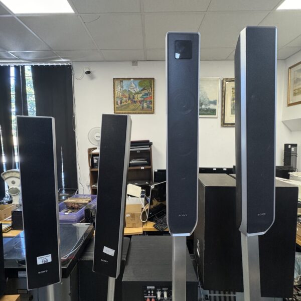 Black Sony tower speakers for surround sound system.