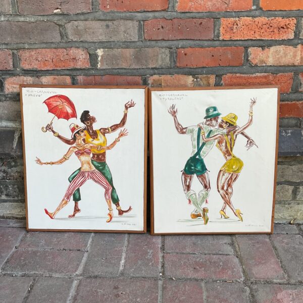 Pair of vintage Rio Carnival oil paintings signed Leon D.