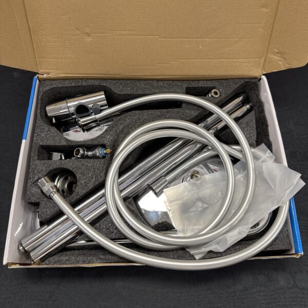 UVish rainfall shower system components neatly arranged in original packaging.