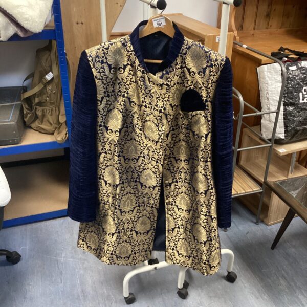 Detailed blue and gold embroidered Asian wedding coat.