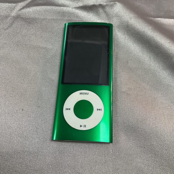Front view of a green Apple iPod Classic MP3 player.
