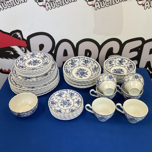Vintage Johnson Bros blue and white china dinner service set.