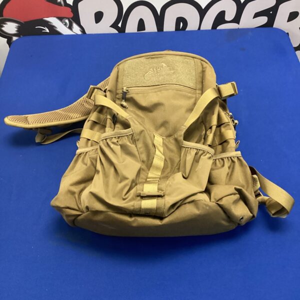 Front view of a used Helikon Tex tactical backpack.