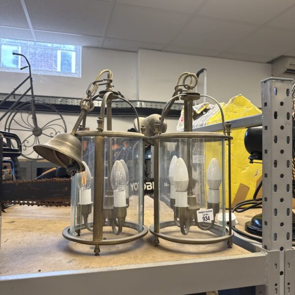 Pair of vintage electric lantern lights with brass frames.