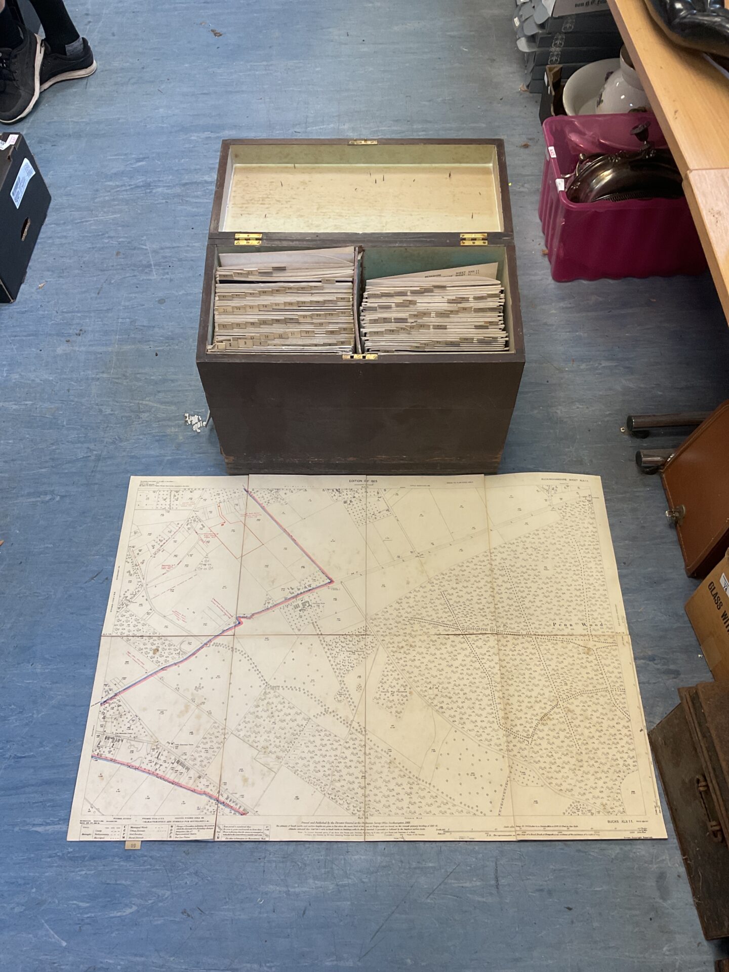 072 Antique wooden chest with ordinance survey maps dated 1921