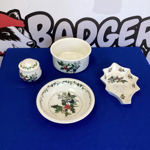 Portmeirion Christmas pottery selection with festive holly design.