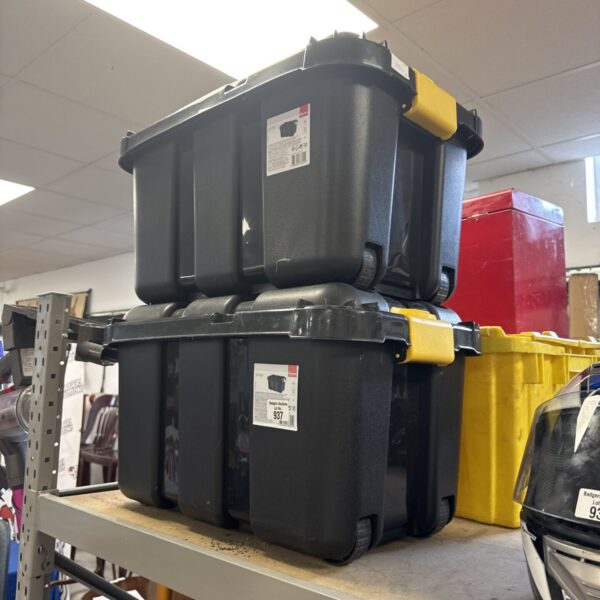 Two grey Form Skyda wheeled storage tubs with lids.