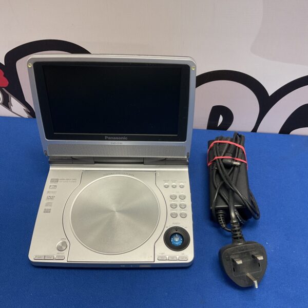 Silver Panasonic DVD-LS50 portable DVD player with power supply.