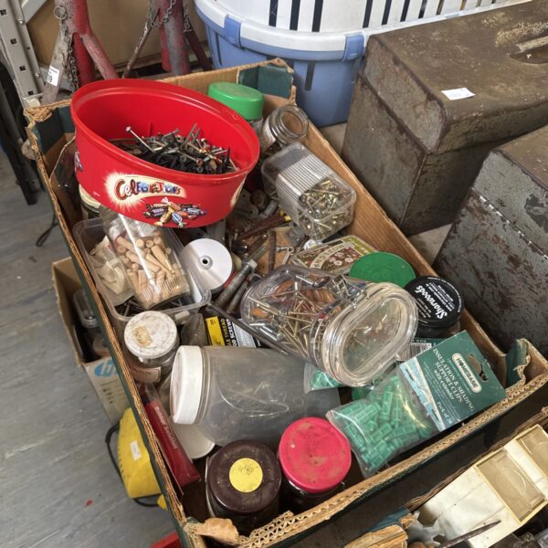 Assorted shed clearance lot with tools and hardware.