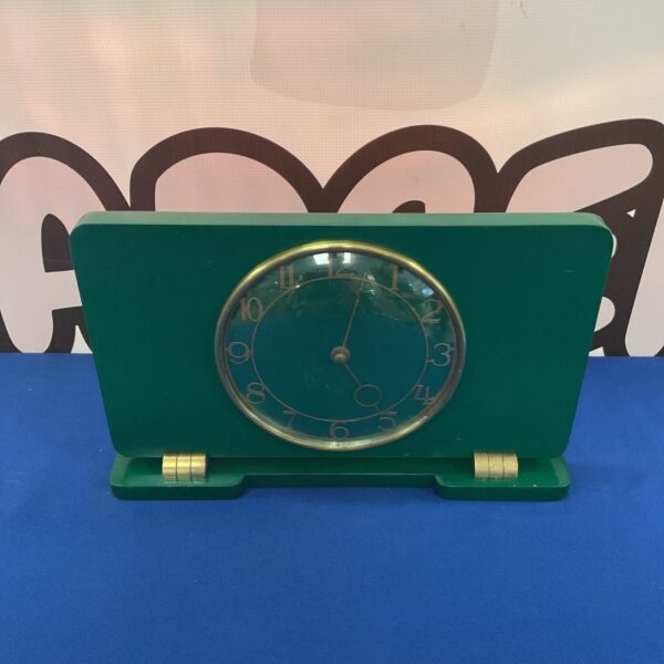 Green 1930s Art Deco mantle clock, vintage timepiece.