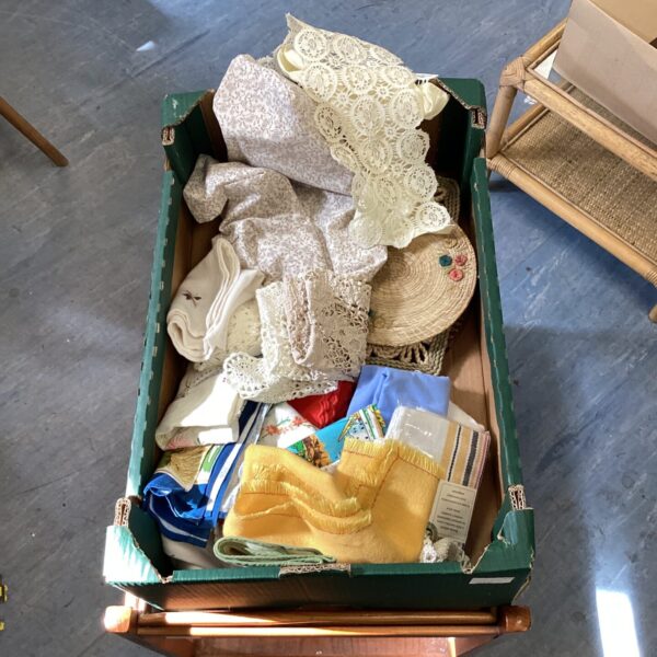 Vintage linen and fabric lot with lace and embroidery.