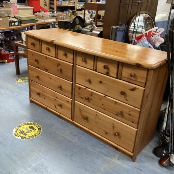 Large pine sideboard with drawers, vintage farmhouse style.