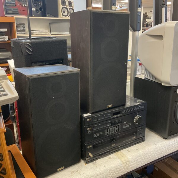 Black Akai hifi system with amplifier and cassette deck.