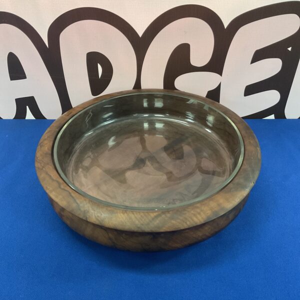 Large vintage walnut tobacco mixing bowl with dark wood grain.