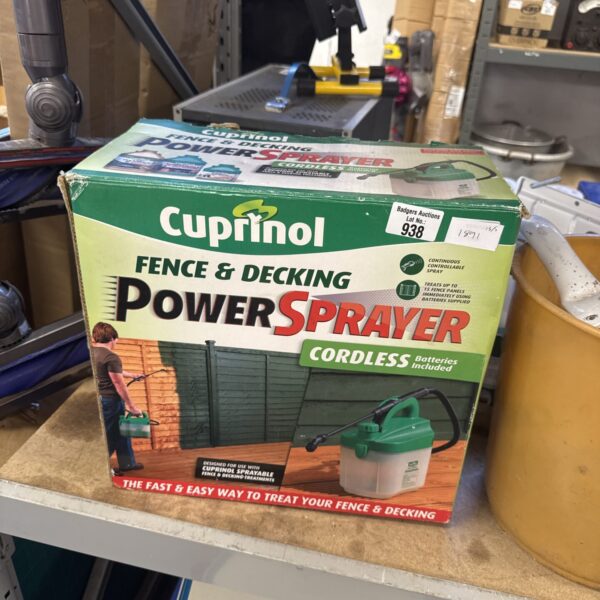 Cuprinol power sprayer for fence and decking treatment application.