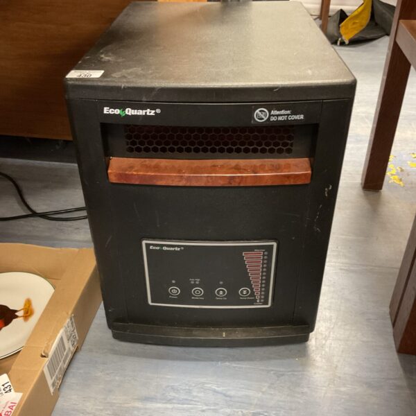 Front view of a used Eco Quartz infrared heater with wheels.