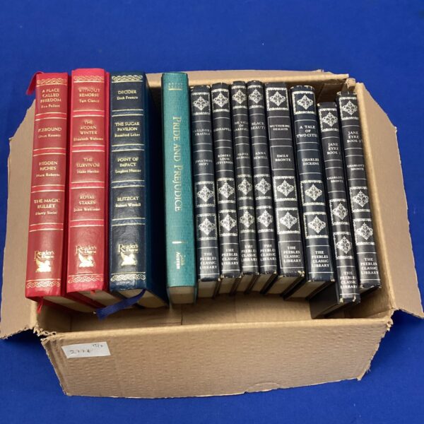 Box of vintage books including Pride and Prejudice.