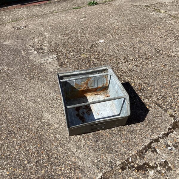 Vintage galvanised storage box, ideal for garden or tool storage.