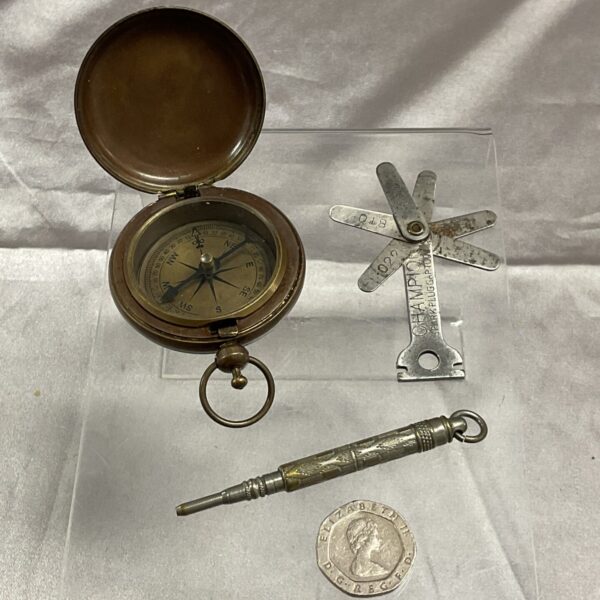 Vintage Ross London compass with chatelaine pencil and spark plug gauge.