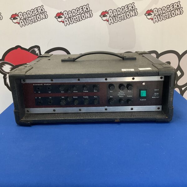 Front view of vintage Greenbank Studios 150W MOS-FET amplifier.